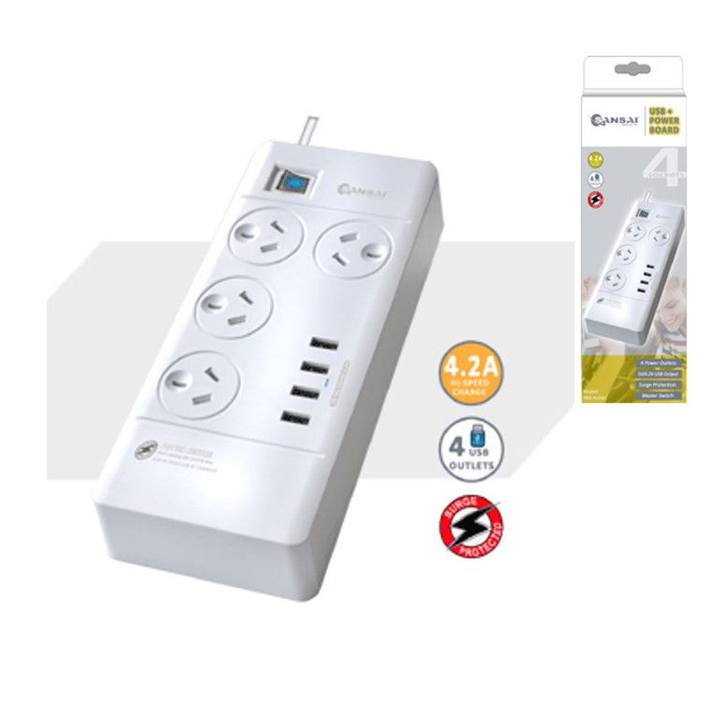Sansai 4 Outlets & 4 USB Outlets Surge Protected Powerboard Master On/Off switch 1M lead & Right angle plug 230-240VAC IV Retail box