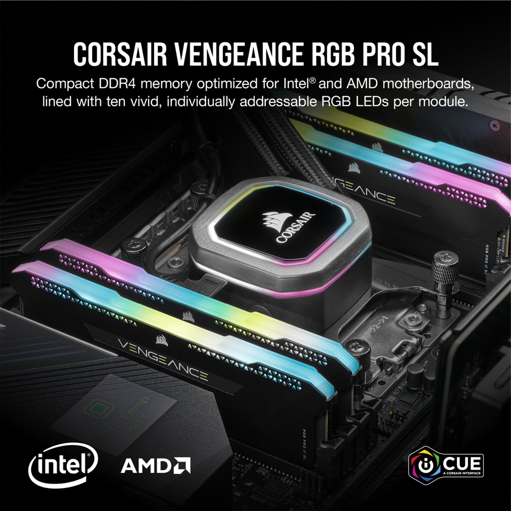 Corsair DDR4 3600MHz 16GB 2x8GB DIMM Unbuffered 18-22-22-42 BaseSPD@2666 XMP 2.0 VENGEANCE RGB PRO SL Black Heatspreader RGB LED 1.35V for AMD Ryzen