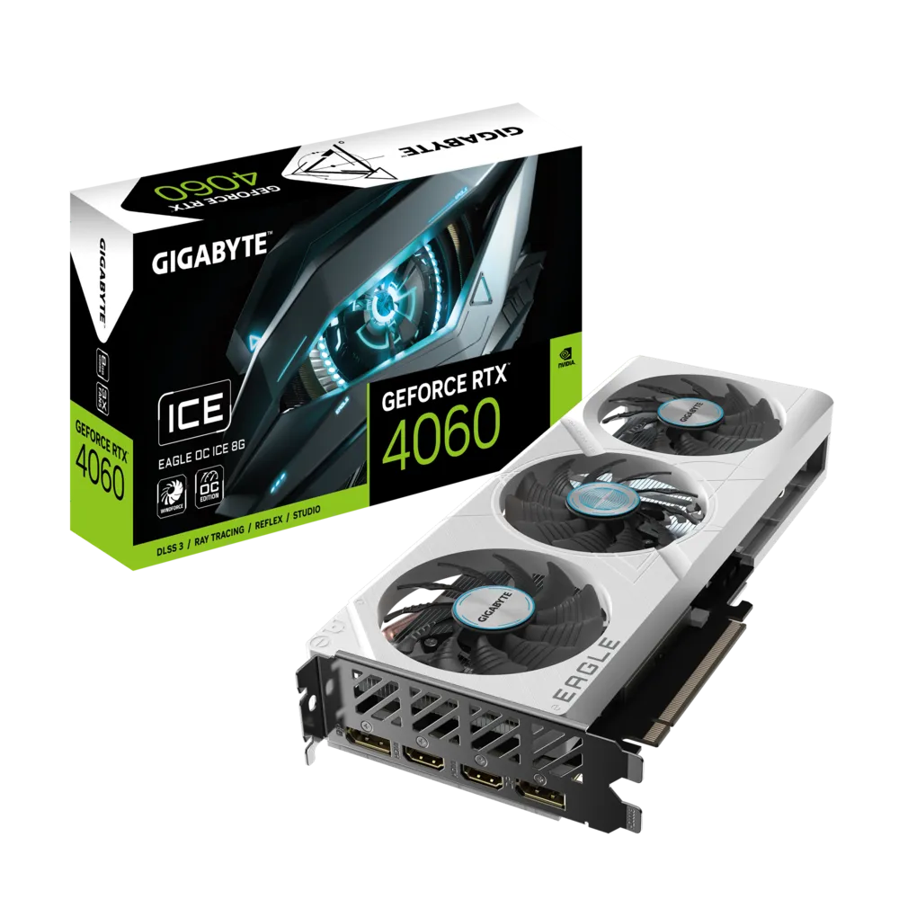 Gigabyte Nvidia GeForce RTX 4060 EAGLE OC ICE 8G;GV-N4060EAGLEOC ICE-8GD;NVIDIARTX4060/REV1.0;PCI-E 4.0 x8/8 GB GDDR6/128 bit;DP*2/HDMI*2