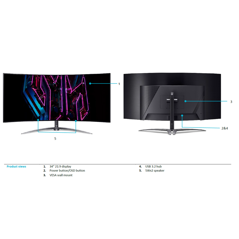 PREDATOR FSYNC34" HDR1021:9CURVE OLED(800R)UWQHD(3440x1440)0.03ms240HzHDMI(2.1)x2DP(1.4)x1USB-C(90wPD)TiltHeightSPK(2x5W)VESA200x1003Y
