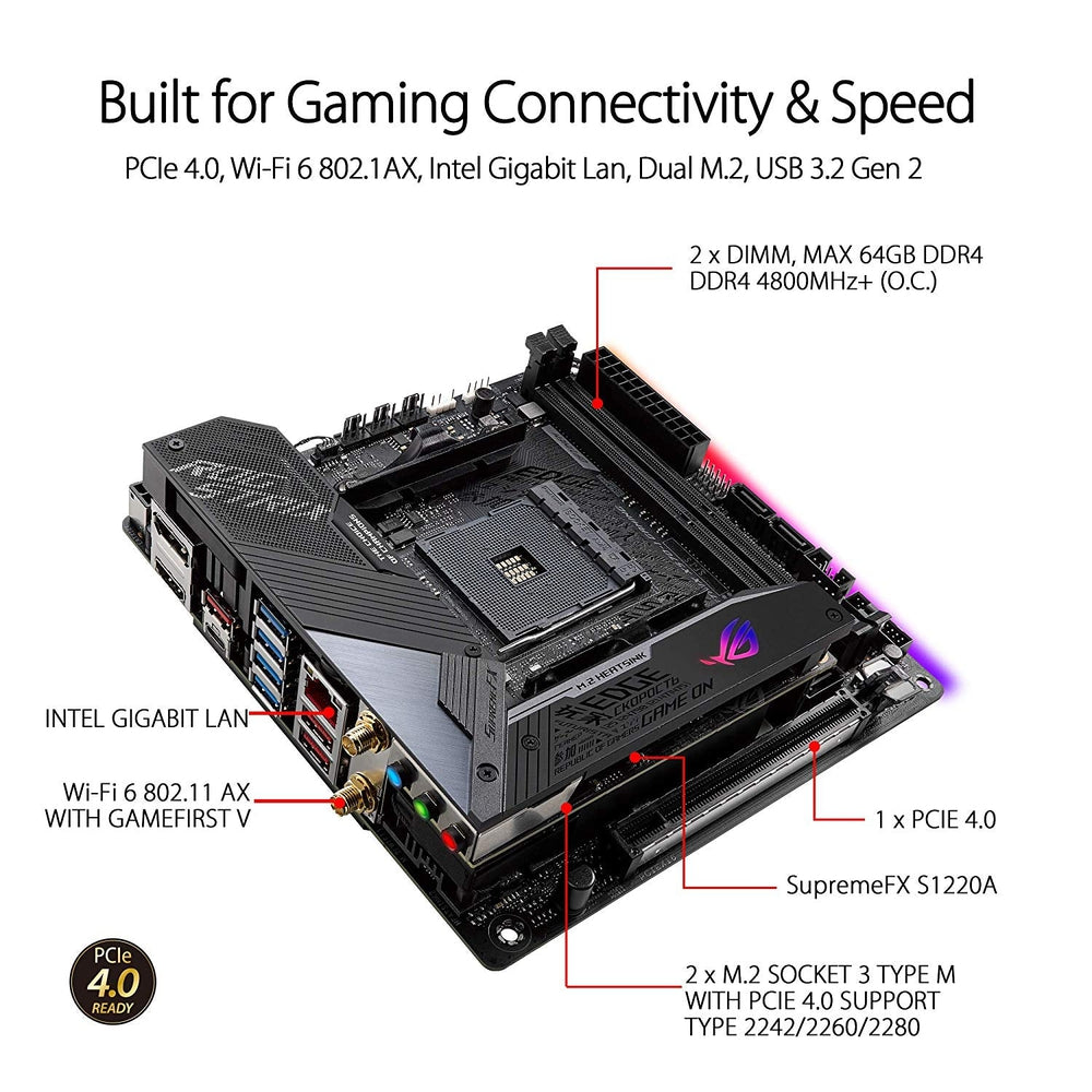 ASUS AMD X570 mini-ITX Gaming motherboard with PCIe 4.0 Aura Sync RGB Intel Gigabit Ethernet Wi-Fi 6 (802.11ax) M.2 Audio Combo Card