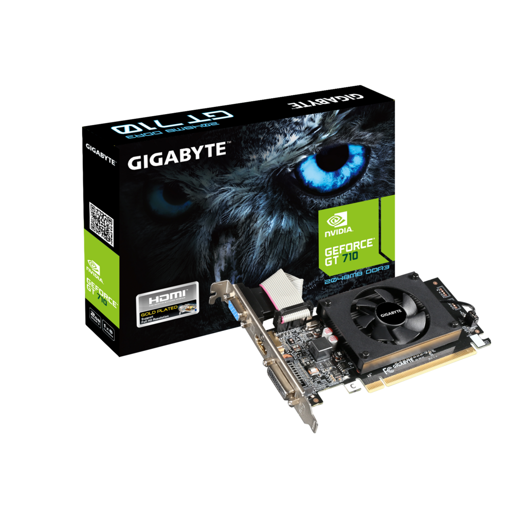 Gigabyte NVIDIA GeForce GT 710 GPU 2048MB DDR3 memory and 64-bit memory interface 954MHz Dual-link DVI-D / D-Sub / HDMI