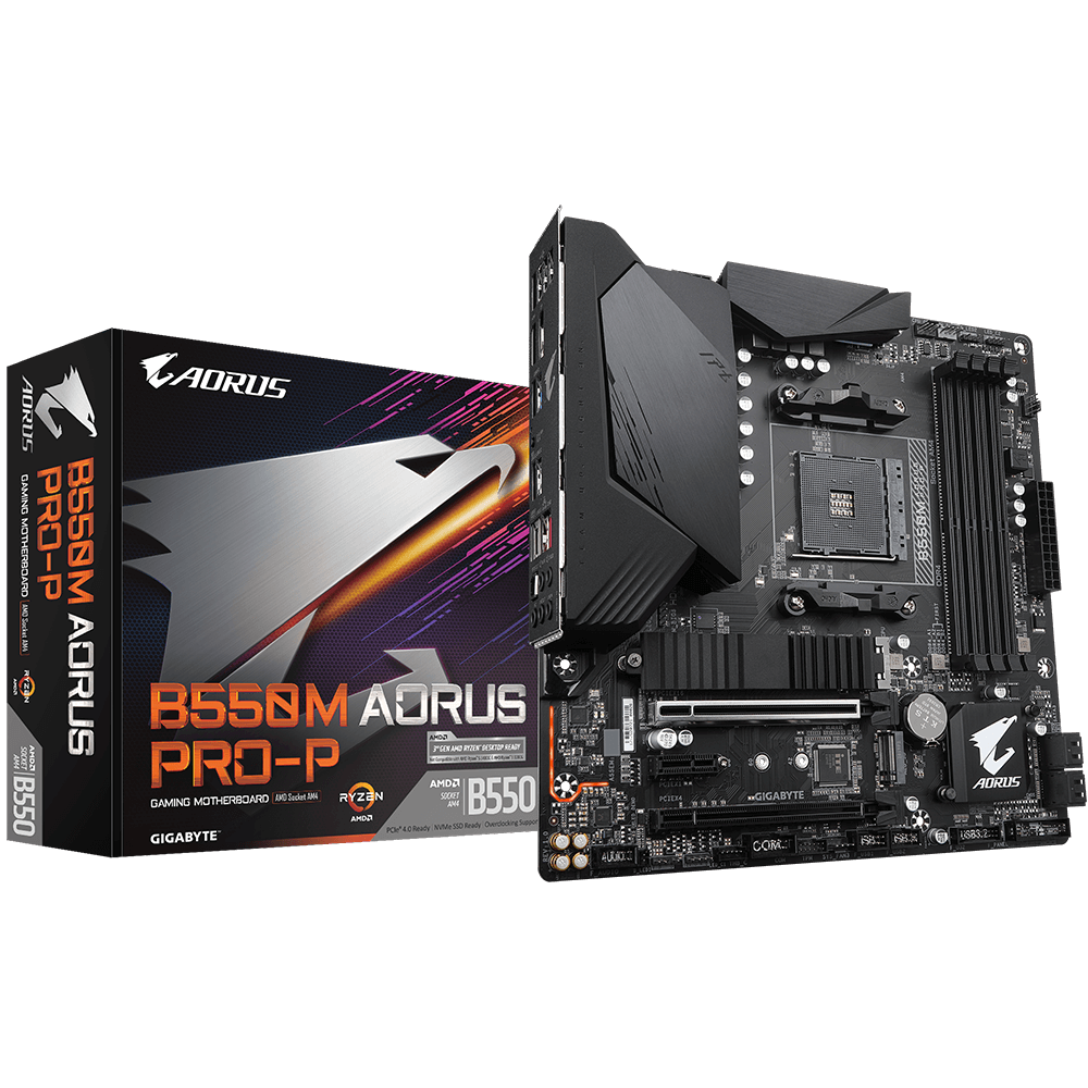 Gigabyte AMD B550 AORUS MB w 10+2 Phases Digital Twin Power DesignPCIe 4.0 x16 Slot Dual PCIe 4.0 3.0 x4 M.2