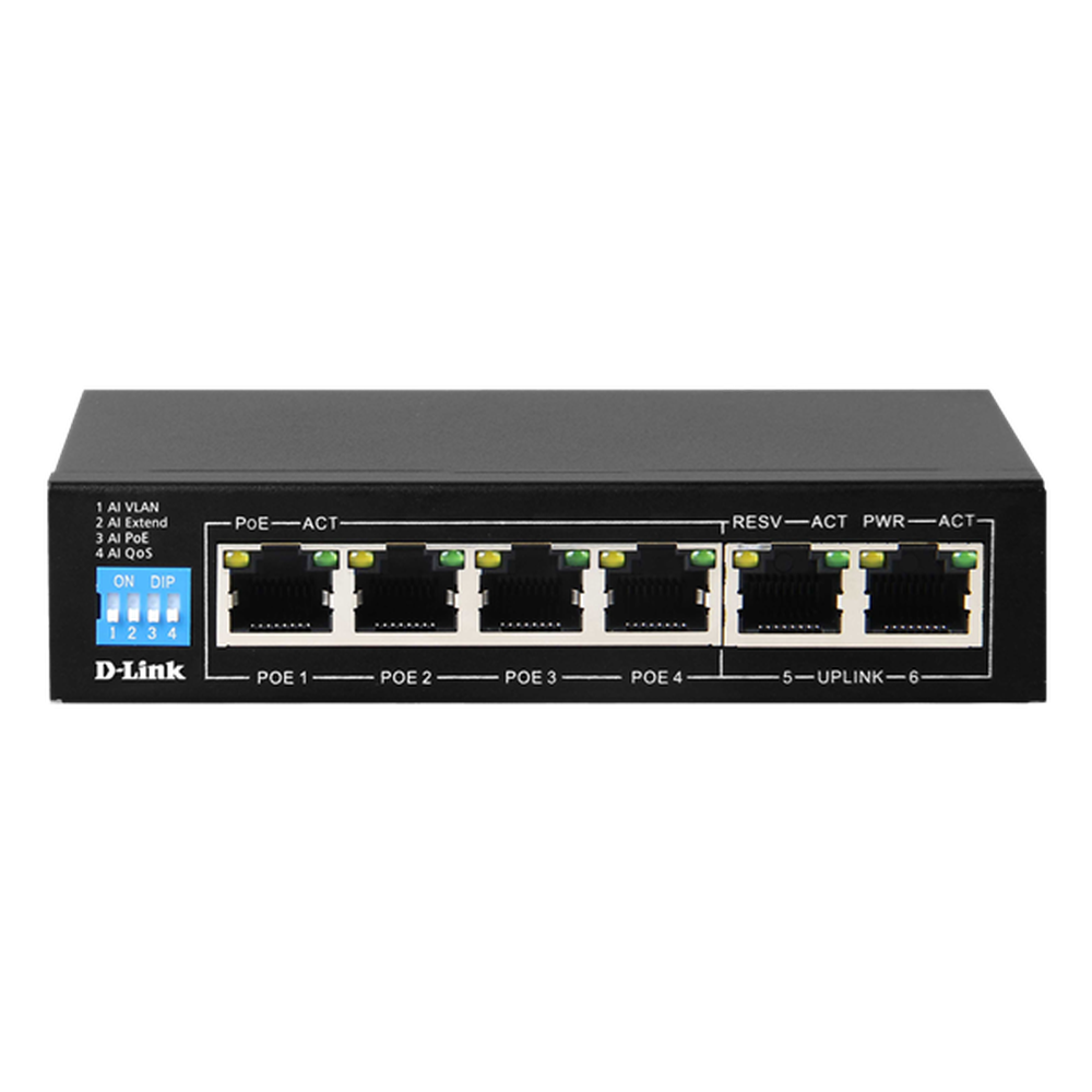 Dlink 6-Port 10/100Mbps PoE Switch with 4 Long Reach PoE Ports and 2 Uplink Ports. PoE budget 60W