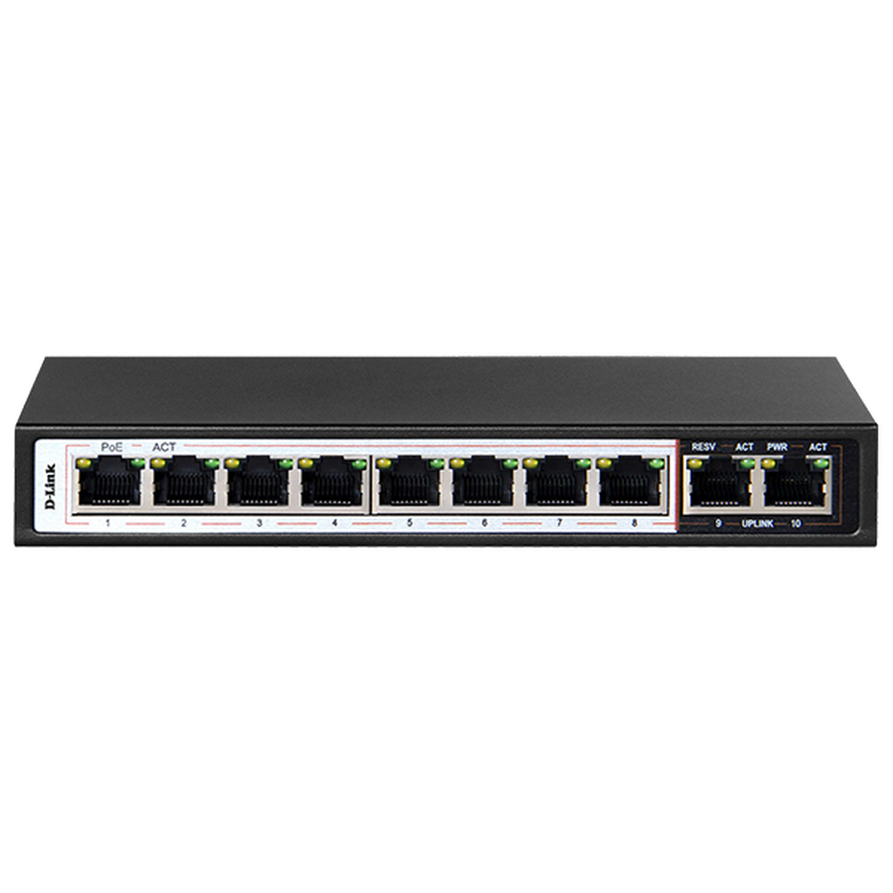 Dlink 10-Port 10/100Mbps PoE Switch with 8 Long Reach PoE Ports and 2 Uplink Ports. PoE budget 96W