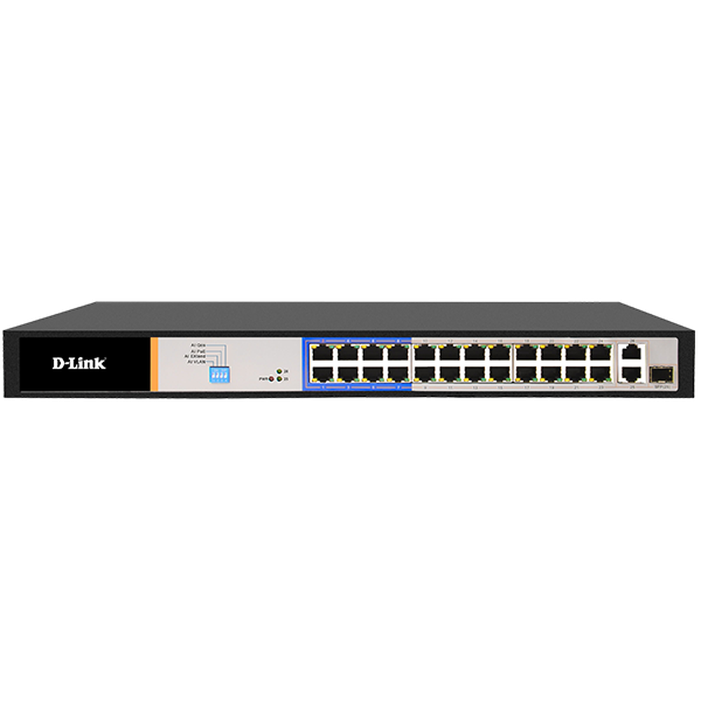 Dlink 26-Port PoE Switch with 24 10/100Mbps Long Reach PoE+ Ports and 2 Gigabit Uplinks with Combo SFP. PoE budget 250W