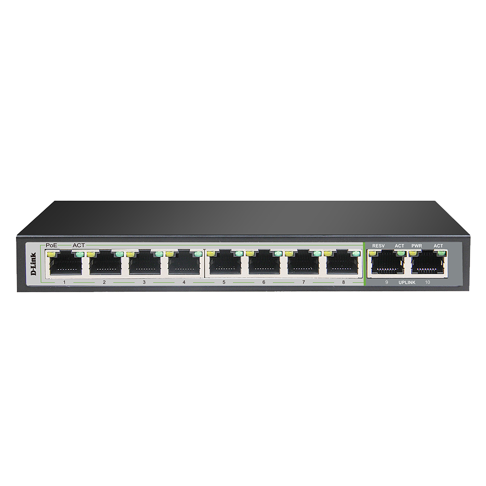 10-Port Gigabit PoE Switch with 8 Long Reach PoE Ports and 2 Uplink Ports. PoE budget 96W.