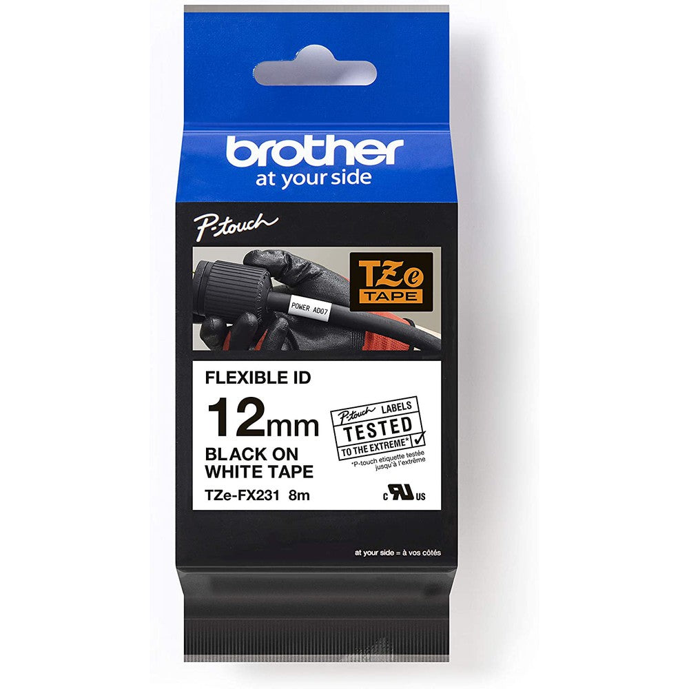 Brother 12MM BLK ON WHITE FLEXIBLE TZ TAPE