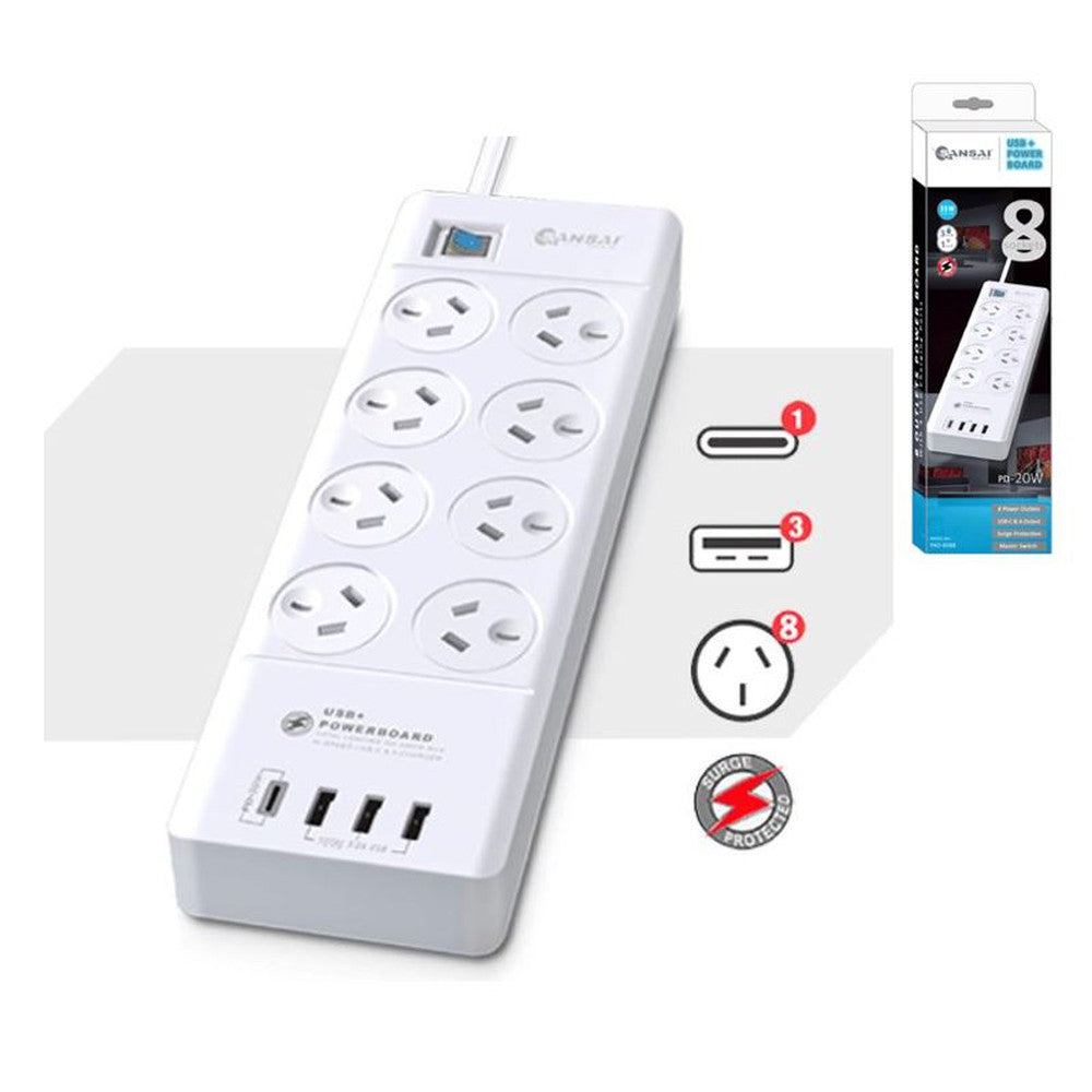 Sansai 8 Outlet 3*USB-A & 1*USB-C Powerboard Master On/Off switch Surge and overload protected 1M 20W 220-240V 10A IV Retail box