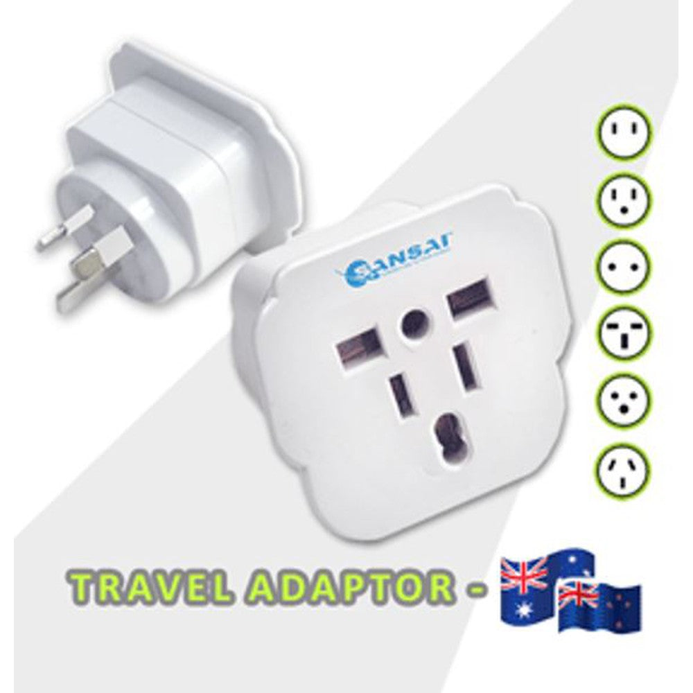 Sansai Travel Adaptor for 240V equipment from Britain, USA, Europe, Japan, China, HongKong, Singapore, Korea & Italy, to use in Australia.