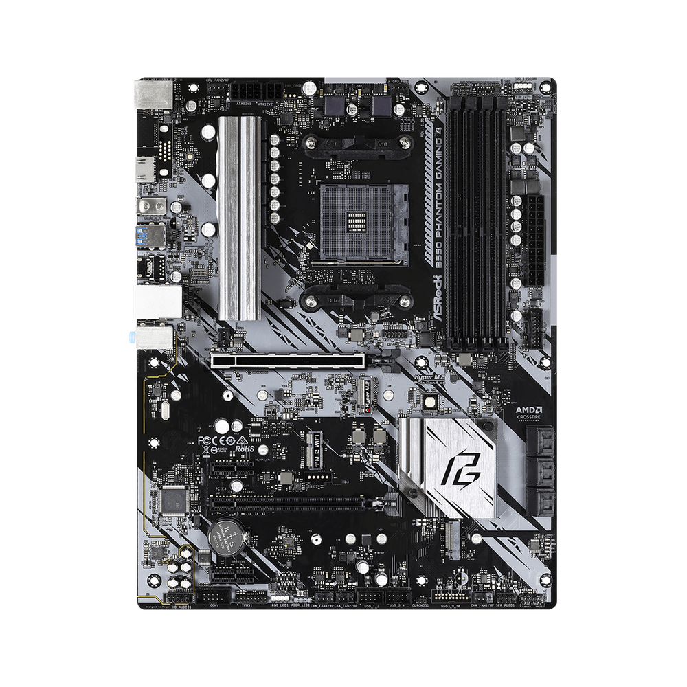 ASRock AMD B550; 4 DDR4; PCIe 4.0 x16 PCIe 3.0 x16 2 PCIe 3.0 x1 M.2 WiFi Key E; 6 SATA3 Hyper M.2 (PCIe) M.2 (PCIe); 8 USB 3.2 ; Graphics: HDMI