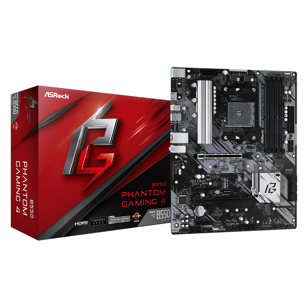 ASRock AMD B550; 4 DDR4; PCIe 4.0 x16 PCIe 3.0 x16 2 PCIe 3.0 x1 M.2 WiFi Key E; 6 SATA3 Hyper M.2 (PCIe) M.2 (PCIe); 8 USB 3.2 ; Graphics: HDMI
