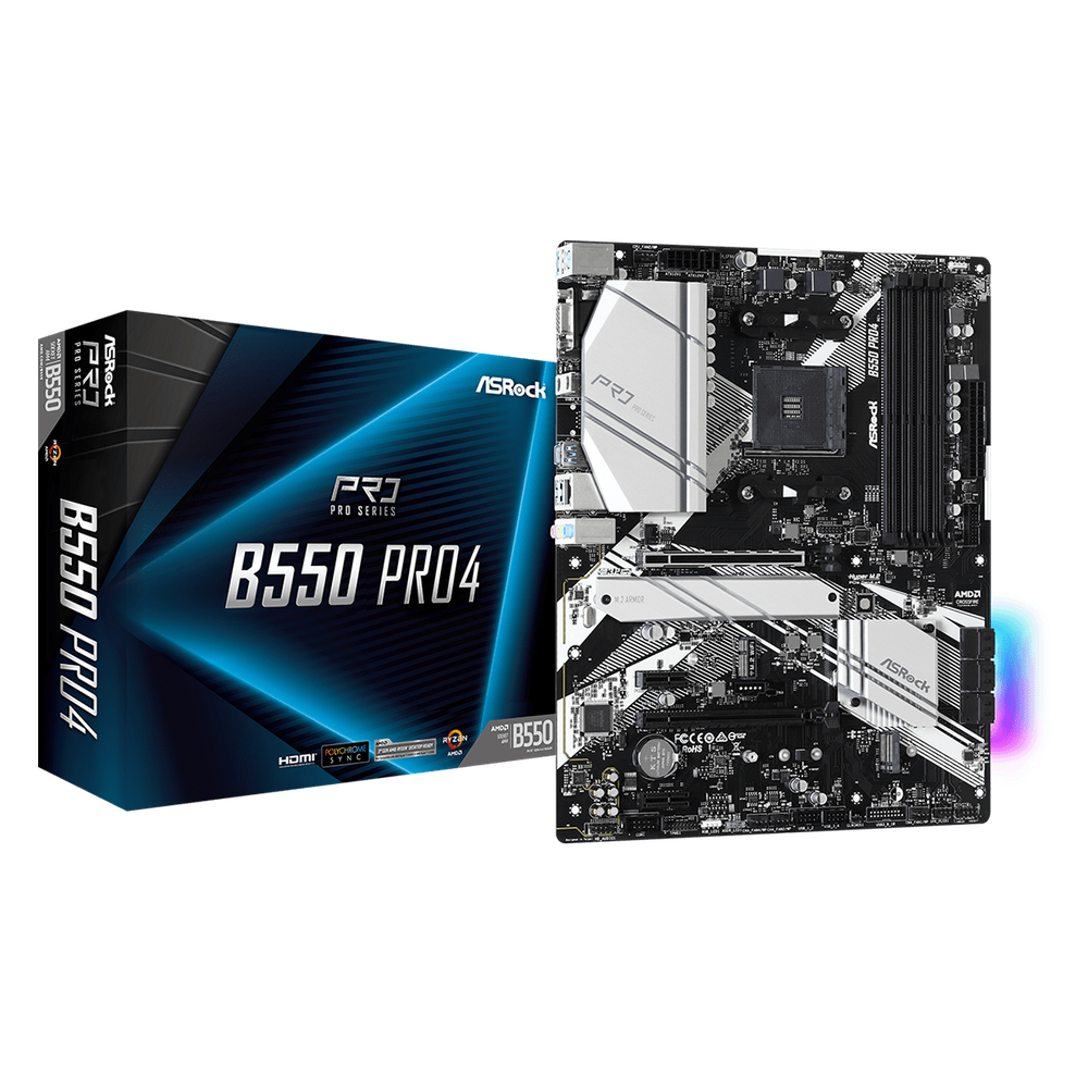 ASRock AMD B550; 4 DDR4; PCIe 4.0 x16 PCIe 3.0x16 2 PCIe 3.0x1 M.2 WiFi Key E; 6 SATA3 Hyper M.2 (PCIe) M.2 (PCIe); 2 USB 3.2 Gen2 6 USB 3.2 Gen1