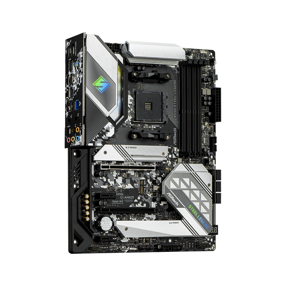 ASRock AMD B550; 4 DDR4 DIMM; PCIe 4.0 PCIe 3.0 2 PCIe 3.0 M.2 WiFi Key E; 6 SATA3 Hyper M.2 (PCIe) M.2 (PCIe); 7 USB 3.2 ; Graphics: HDMI DisplayPort