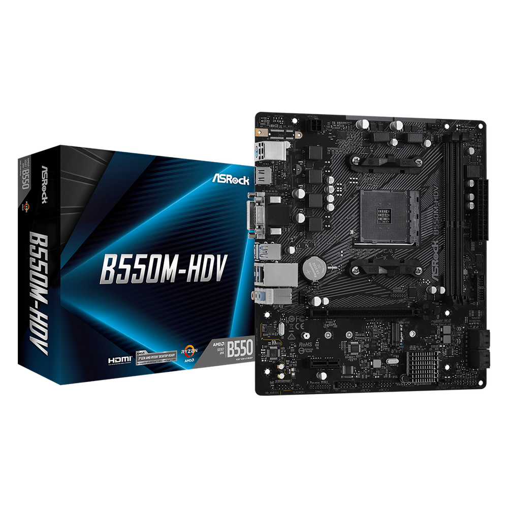ASRock AMD B550; 2 DDR4 DIMM; 1 PCIe 4.0 x16 1 PCIe 3.0 x1; 4 SATA3 1 Hyper M.2 (PCIe Gen4 x4 & SATA3); 6 USB 3.2 Gen1; Graphics: HDMI DVI-D D-Sub
