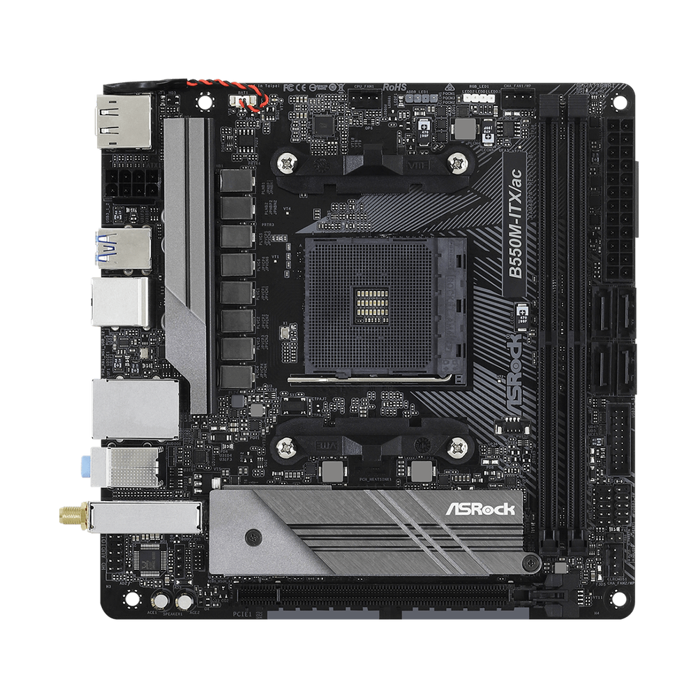 ASRock AMD B550; 2 DDR4 ; PCIe 4.0 x16; 4 SATA3 Hyper M.2 (PCIe Gen4 x4 & SATA3); 6 USB 3.1 Gen1 (2 Front 3 Rear Type-A 1 Rear Type-C); Graphics: DP HDMI