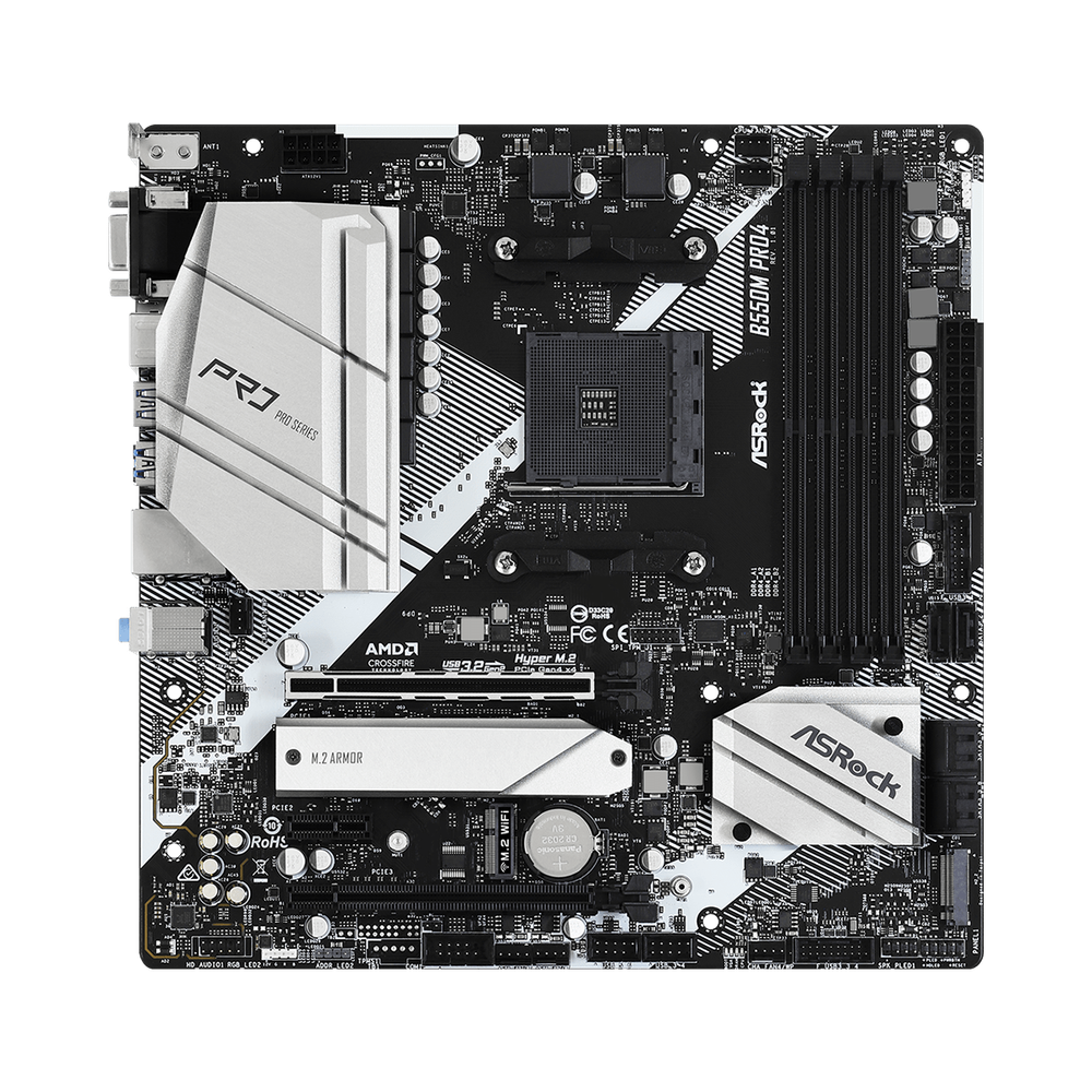 ASRock AMD B550; 4 DDR4; PCIe 4.0 x16 PCIe 3.0 x16 PCIe 3.0 x1 M.2 WiFi Key E; 6 SATA3 Hyper M.2 (PCIe) M.2 (PCIe); 10 USB 3.2; Graphics:HDMI DP D-Sub