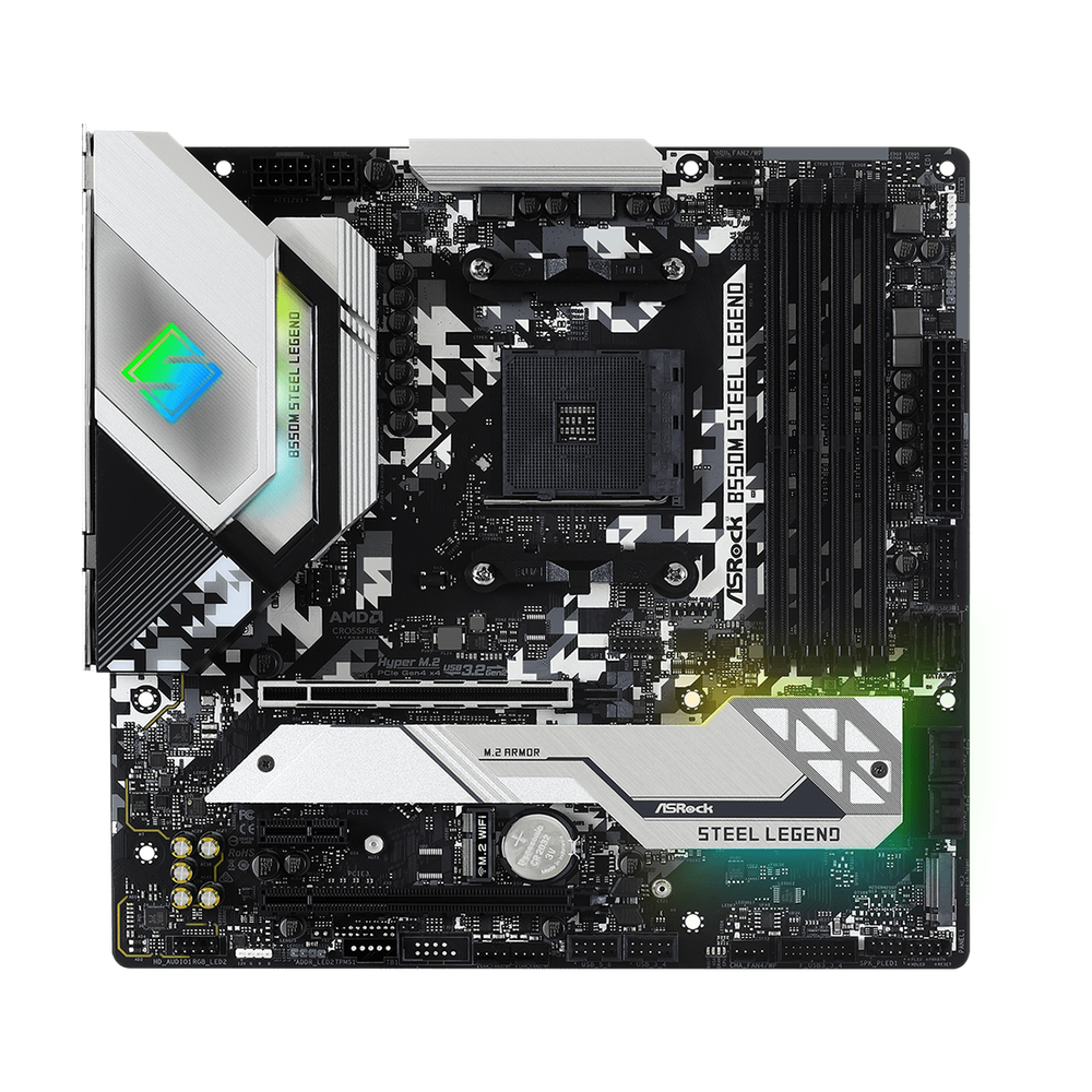 ASRock AMD B550; 4 DDR4; PCIe 4.0 x16 PCIe 3.0 x16 PCIe 3.0 x1 M.2 WiFi Key E; 6 SATA3 Hyper M.2 (PCIe) M.2 (PCIe); 10 USB 3.2; Graphics: HDMI DP