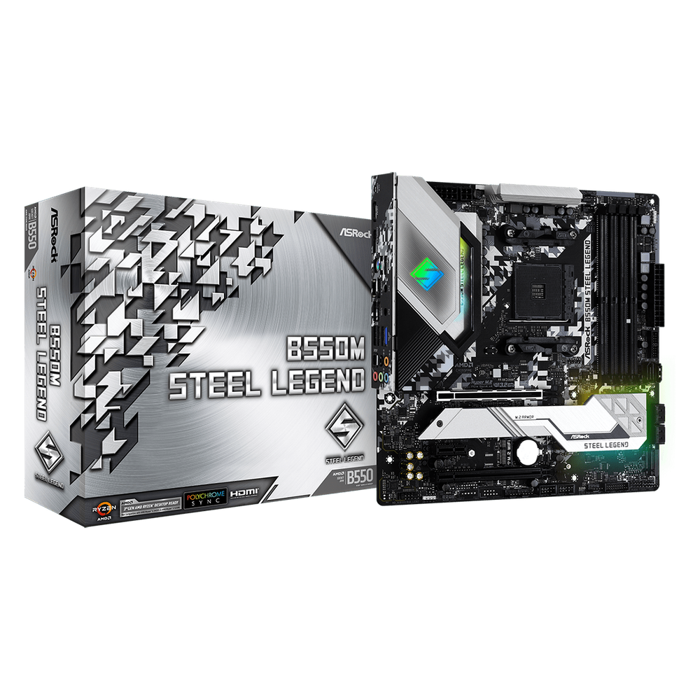 ASRock AMD B550; 4 DDR4; PCIe 4.0 x16 PCIe 3.0 x16 PCIe 3.0 x1 M.2 WiFi Key E; 6 SATA3 Hyper M.2 (PCIe) M.2 (PCIe); 10 USB 3.2; Graphics: HDMI DP