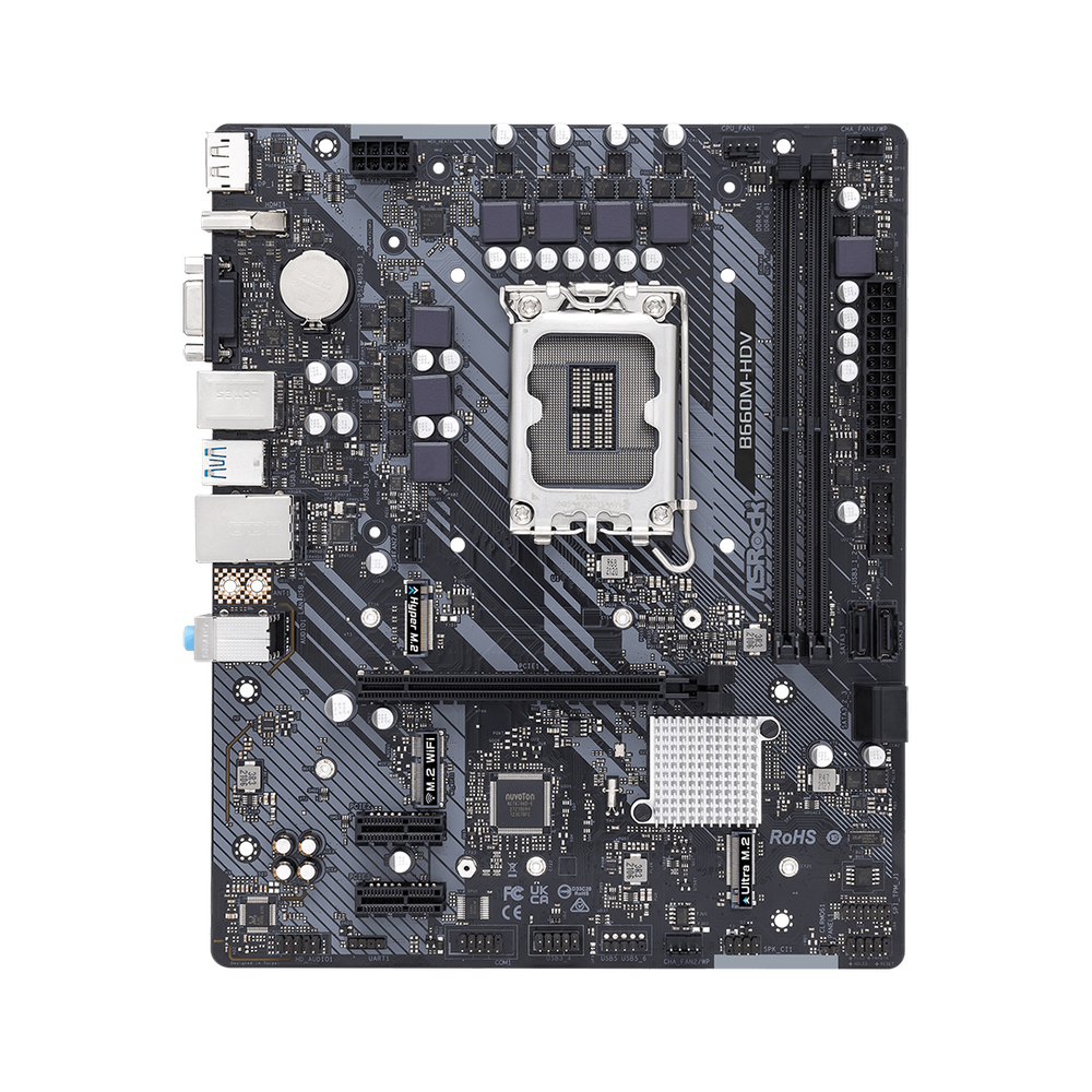 B660 Chipset mATX9.6*7.9 4 PCB Layer 5+1 2 DIMMs DDR4 Dura Cap PCIe x16 1 (4.0x16) HDMI DP D-Sub SATA3 4