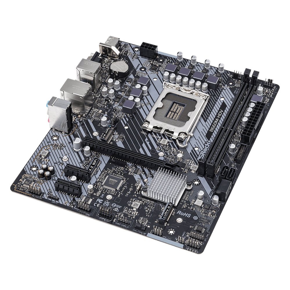 B660 Chipset mATX9.6*7.9 4 PCB Layer 5+1 2 DIMMs DDR4 Dura Cap PCIe x16 1 (4.0x16) HDMI DP D-Sub SATA3 4