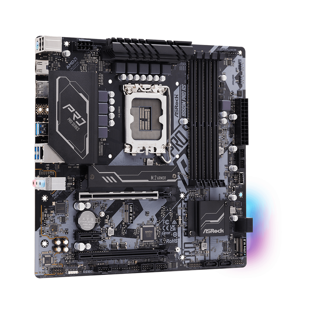 B660 Chipset mATX9.6*9.6 4 PCB Layer 7+1 4 DIMMs DDR4 Dura Cap PCIe x16 2 (4.0x16 3.0x4) HDMI DP SATA3 4