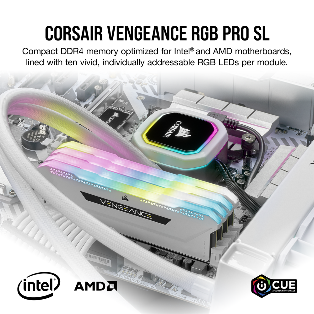 Corsair DDR4 3200MHz 32GB 2x16GB Dimm Unbuffered 16-20-20-38 XMP 2.0 Vengeance RGB Pro SL White Heatspreader RGB LED 1.35V for AMD Ryzen & Intel