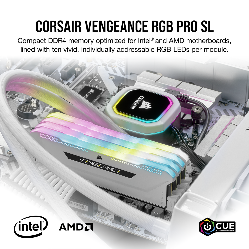 Corsair DDR4 3600MHz 16GB 2x8GB DIMM Unbuffered 18-22-22-42 XMP 2.0 VENGEANCE RGB PRO SL White Heatspreader RGB LED 1.35V for AMD Ryzen & Intel