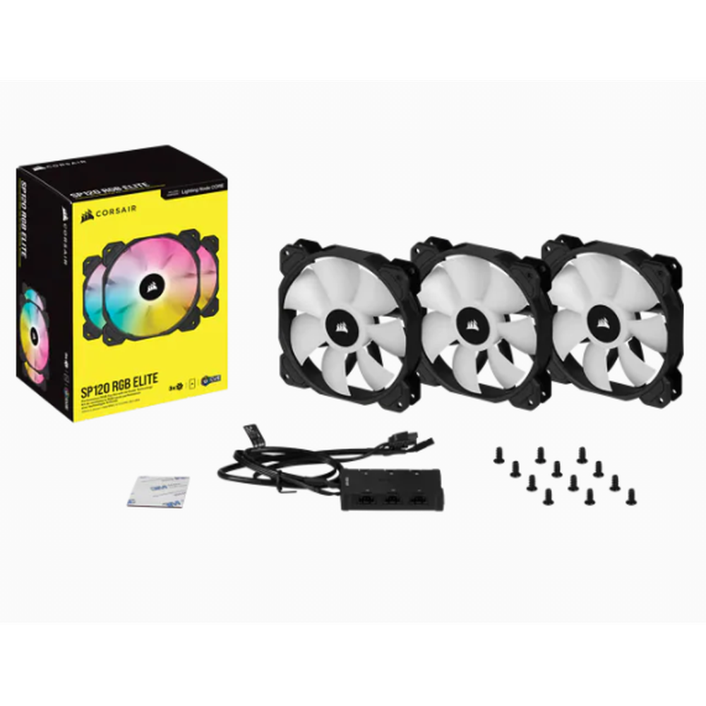 Corsair SP120 RGB ELITE 120mm RGB LED Fan with AirGuide Triple Pack with Lighting Node CORE