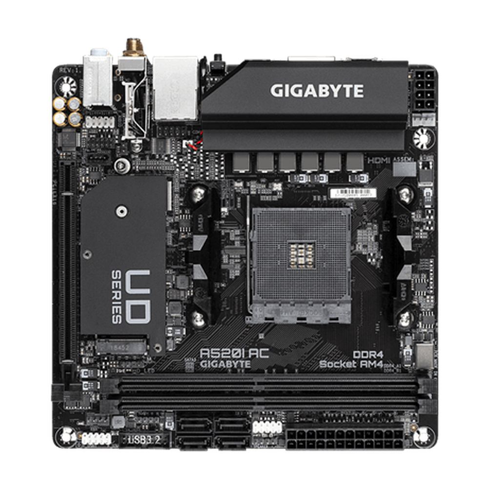 Gigabyte AMD A520 Mini-ITX Ultra Durable MB wDirect 6PhasesDigitl VRM Onboard Intel 802.11ac WIFI GIGABYTE Gaming LAN wBandwidth Mngmnt PCIe 3.0 x4 M.2