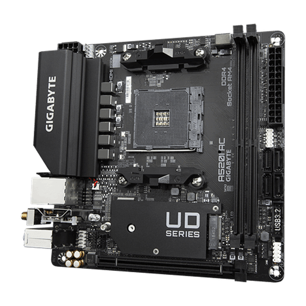 Gigabyte AMD A520 Mini-ITX Ultra Durable MB wDirect 6PhasesDigitl VRM Onboard Intel 802.11ac WIFI GIGABYTE Gaming LAN wBandwidth Mngmnt PCIe 3.0 x4 M.2