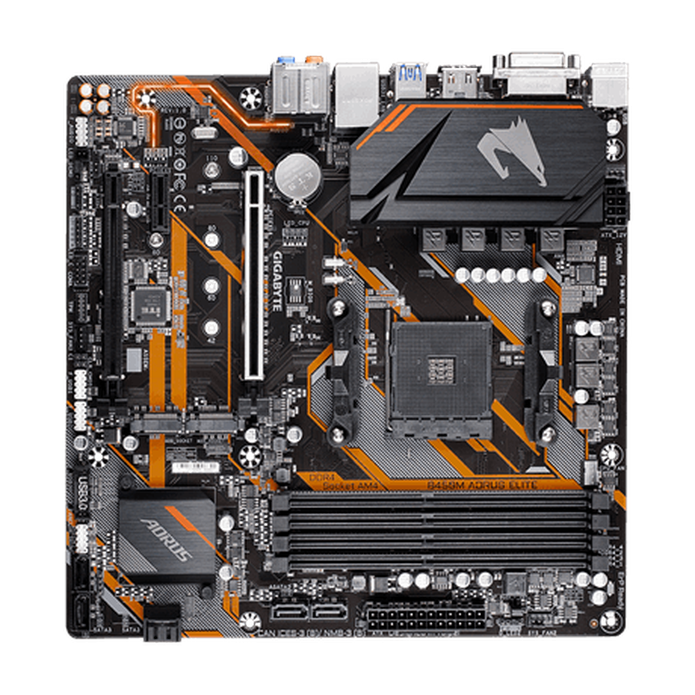 Gigabyte AMD B450 AORUS MB w Hybrid Digital PWM Dual NVMe PCIe Gen3 M.2 GIGABYTE Gaming LAN w 25KV ESD Protection Anti-sulfur Design CEC 2019 ready RGB FU