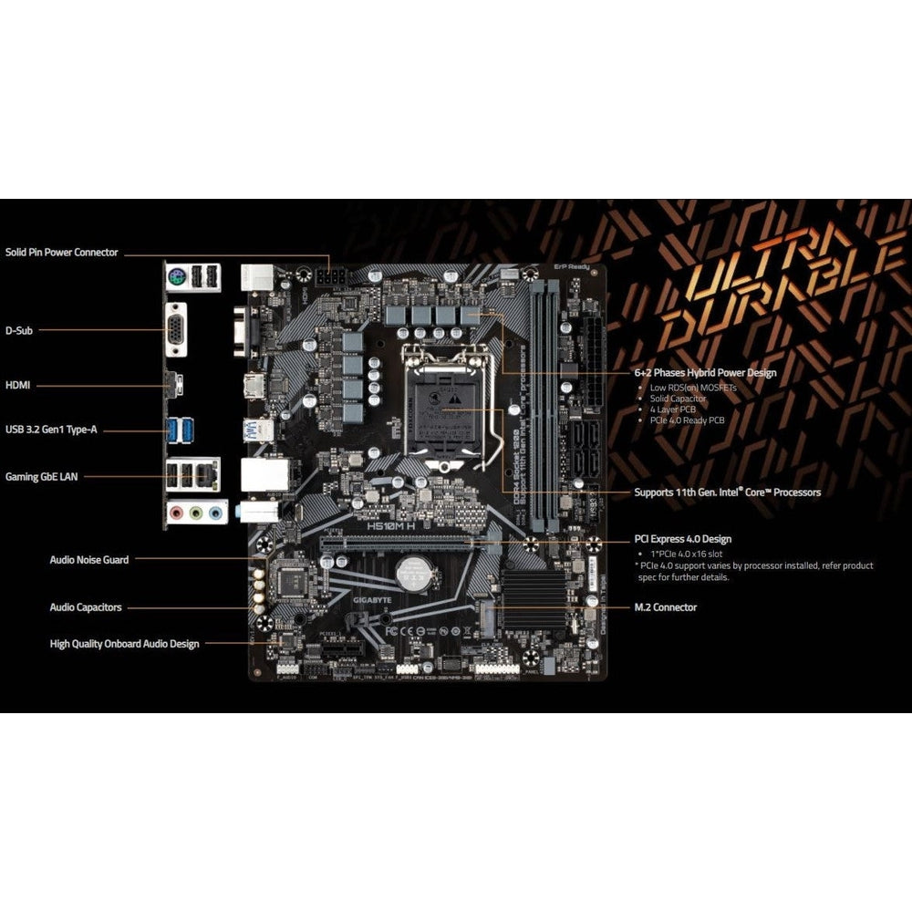 Gigabyte Intel H510M Ultra Durable MB w 6+2 Phases Digital VRM PCIe 4.0 Realtek 8118 Gaming LAN Anti-Sulfur Resistor Smart Fan 6