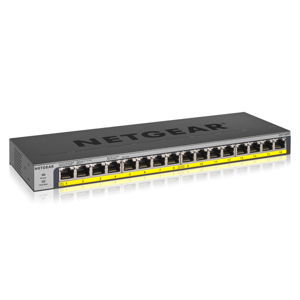 NETGEAR 16-Port PoE/PoE+ Gigabit Ethernet Unmanaged Switch with 76W PoE Budget Rack-mount or Wall-mount (GS116LP)