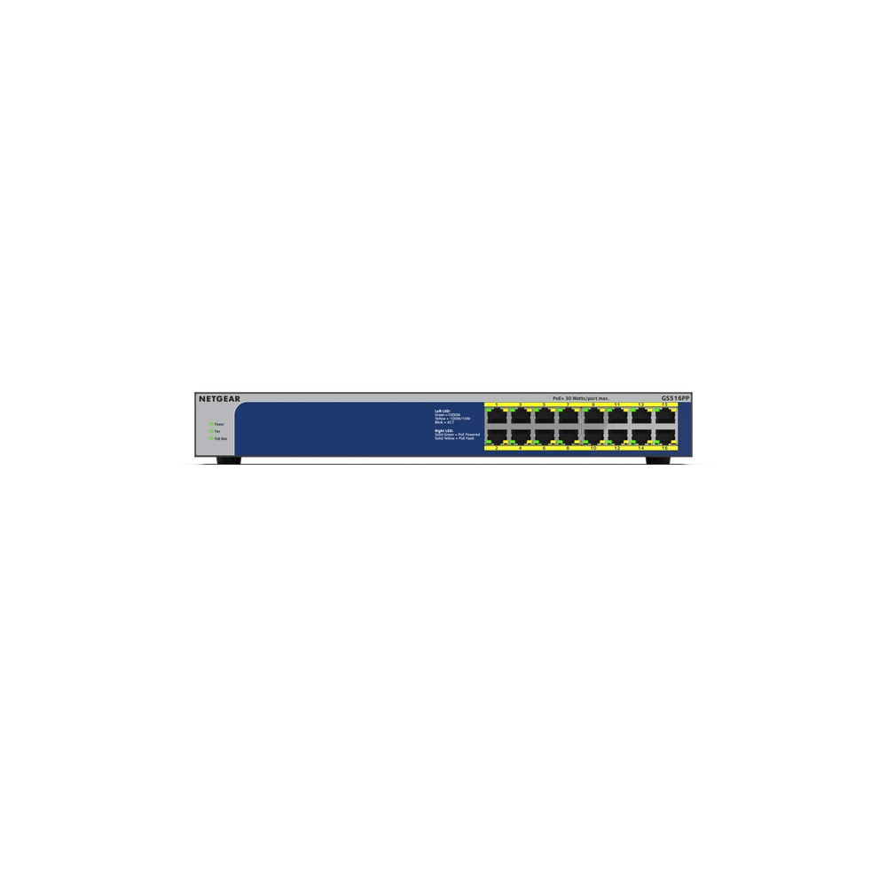 NETGEAR 16-Port High-powered PoE+ Gigabit Unmanaged Switch (260W PoE budget) ProSAFE Lifetime  (GS516PP)