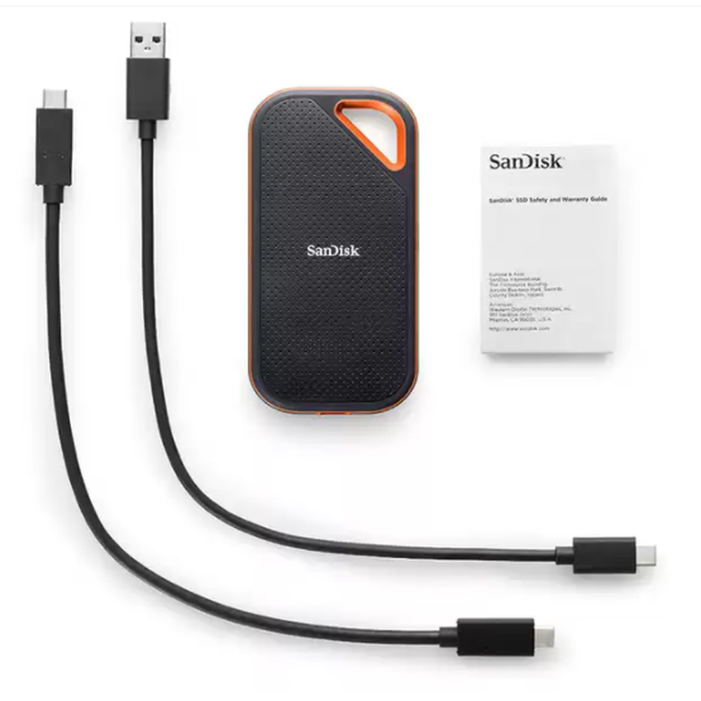 SanDisk Extreme Pro Portable SSDE81 1TB USB 3.2 Gen 2x2 Type C & Type A compatible Read speed up to 2000MB/s Write speed up to 1900MB/s 5Y
