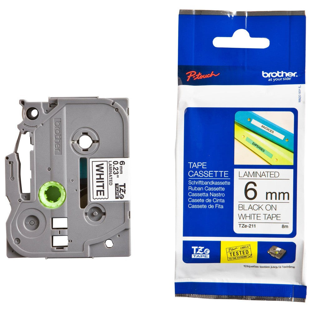 Brother TZ-211 P-touch Tape 1/4 In X 26 Ft Black On White